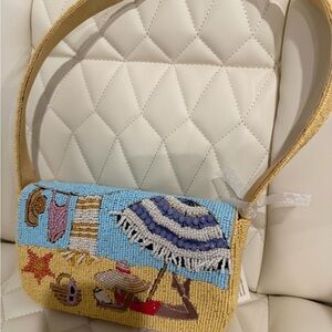 Embroidered Beach Scene Shoulder Bag